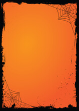 Gradient Orange Halloween Banner Background Template With Black Grunge Border And Spider Web