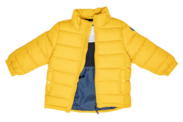 Wall Mural - Down jacket for children. Stylish, yellow, warm winter jacket for children with removable hood, isolated on a white background. Winter fashion.