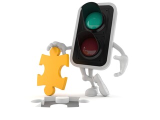 Wall Mural - Green traffic light character with jigsaw puzzle