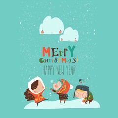 Cartoon happy children enjoying in the snow