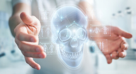 Aufkleber - Man using digital x-ray skull holographic scan projection 3D rendering