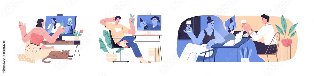 Set of scenes with people videoconferencing and drinking wine or beer together. Friends and couple video call. Men and women meeting online. Distance communication. Flat vector cartoon illustration - obrazy, fototapety, plakaty 