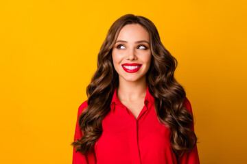 Sticker - Closeup photo of pretty curly business lady bright pomade friendly smiling white teeth good mood look wondered side up empty space wear red shirt isolated yellow vivid color background