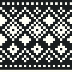 Geometric black and white pattern pixel art style. Isolated vector monochrome illustration. 8-bit. Design for carpet or clothes, stickers, logo, web and mobile app.