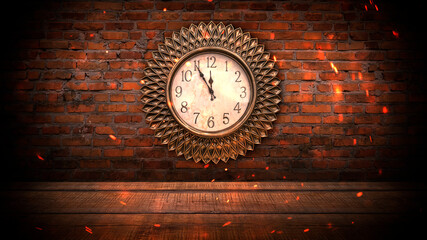 A dark room with brick walls, a clock on the wall. Time shows 12 o'clock, New Year and Christmas 2021. Interior with clock. Night Lights.