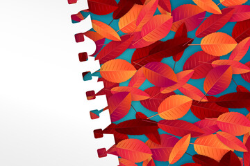 Wall Mural - Autumn template with red and orange leaves on a blue background with a torn out sheet of note pad paper. Vector illustration.