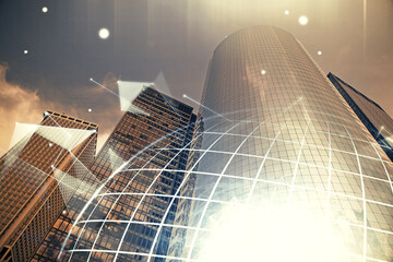 Map and data theme hologram on city view with skyscrapers background double exposure. International technology in business concept.