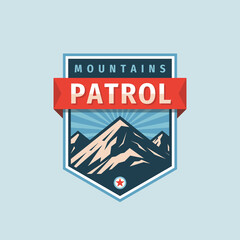 mountains patrol - concept badge. climbing logo in flat style. extreme exploration sticker symbol. c