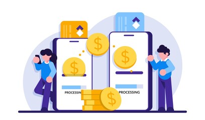 Poster - Mobile payment. Transfer money online. Phone transaction, business internet pay and digital banking. Card technology in smartphone, commerce finance concept. Modern flat illustration.