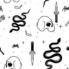 Mystical seamless pattern. Magic elements for rituals, skull, snake, spider, knife, paw, stars. Vector illustration isolated on white background