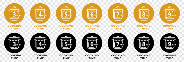 Food packaging icon. Recommended cooking time. Casserole in a flat linear style with a number indicating the number of minutes. Information label. Vector.
