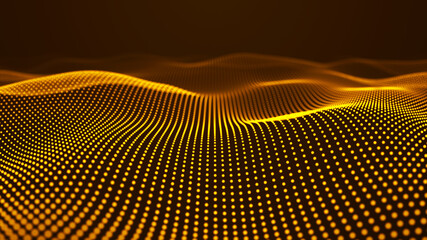 Poster - Smooth abstract gradient dynamic wave of many glowing particles. Network of neon dots. Big data. Digital background. 3d rendering