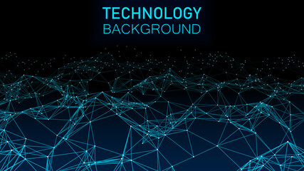 Poster - Technology background. Abstract gradient dynamic wave of lines and particles. Network of bright points and lines. Big data. Digital background. Vector