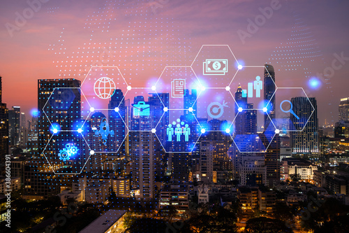 Photo Hologram of Research and Development glowing icons