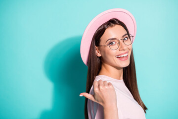 Sticker - Close-up profile side view portrait of her she attractive cheerful pretty brown-haired girl showing copy space ad choose isolated bright vivid shine vibrant green turquoise color background