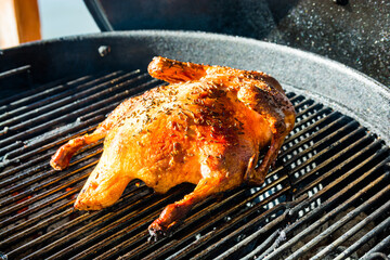 Baked duck preparing on the grill with a coal