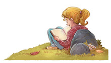 Girl Reading In The Meadow Quietly