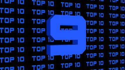 Poster - Abstract graphic 3D illustration - digits of the top 10 - single shown number 9 - repeated TOP 10 lettering arranged on a black background - all graphic elements in bright royal blue color