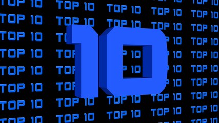 Abstract graphic 3D illustration - digits of the top 10 - single shown number 10 - repeated TOP 10 lettering arranged on a black background - all graphic elements in bright royal blue color