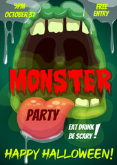 Wall Mural - Happy Halloween party vector flyer with monster mouth, cartoon invitation poster with open zombie toothy jaws teeth, tongue and dripping slime. Halloween party, event invite with creepy monster