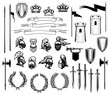 Knight heraldry vector set of medieval shields, royal crowns, knight armors, helmets and swords. Ancient towers, ribbon banners and flags, trumpet and laurel wreath, heraldic emblem or coat of arms