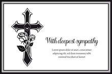 Funeral Card With Gothic Medieval Cross And Roses. Funerary Condolence Banner, Obituary Memorial Vector Cart With Black Frame, Christian Cross, Engraved Flowers And Typography On White Background
