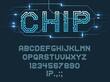 © Vector Tradition - Chip type font, vector alphabet letters, digits and punctuation marks Blue microcircuit glowing abc uppercase characters, fluorescent electric futuristic style signs set isolated on dark background