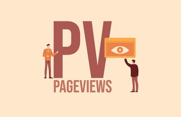 Poster - PV Pageviews concept. Informational investment business strategy payment by cash and credit card social media marketing technologies online vector reference for advertising and support promotional .