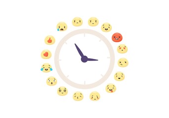 Poster - Clock emoticons of moods. Dial with arrow of characters red like with heart expression joyful and sad faces success and yellow vector surprise crying lovingly touching feelings in social networks.