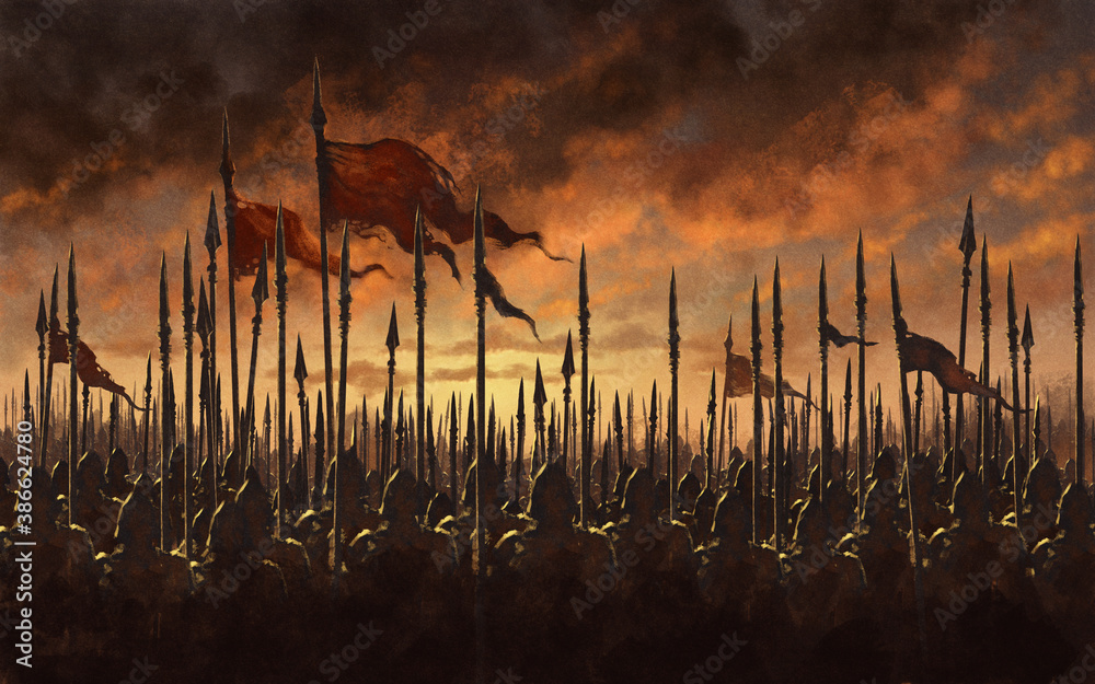 Medieval army battle - digital illustration - obrazy, fototapety, plakaty 