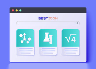 Set Test tube and flask, Molecule and Square root of 4 glyph icon. Vector.