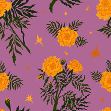 Bright Autumnal Celebration Floral Pattern With Marigolds And Confetti On Orchid Background
