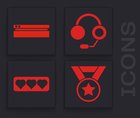 Poster - Set Medal, Video game console, Headphones and Like and heart icon. Vector.