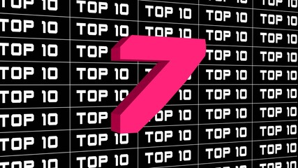 Poster - Abstract graphic 3D illustration - digits of the top 10 in changing colors - single shown number 7 - repeated TOP 10 lettering in white color arranged on black background