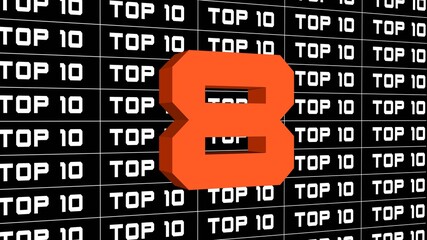Poster - Abstract graphic 3D illustration - digits of the top 10 in changing colors - single shown number 8 - repeated TOP 10 lettering in white color arranged on black background