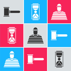 Sticker - Set Judge gavel, Old hourglass with sand and Prisoner icon. Vector.