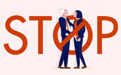 Stop sexual harassment - Man touching woman inappropriate behind stop sign. Vector illustration.