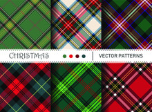 Seamless Vector Plaid Patterns. Set Of Christmas Tartan Gingham Patterns. Collection Of Happy New Year Traditional Backgrounds. For Packaging, Fabric, Textile, Cover Etc.