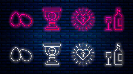 Sticker - Set line Christian chalice, Christian cross and heart, Easter eggs and Wine bottle with glass. Glowing neon icon on brick wall. Vector.