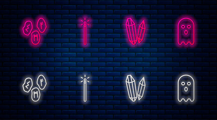 Set line Magic wand, stone, runes and Ghost. Glowing neon icon on brick wall. Vector.