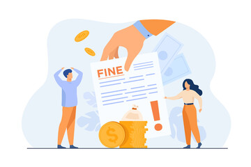 Tiny people getting paper sheet with fine flat vector illustration. Cartoon characters paying traffic bill, municipal tax or parking fee as penalty from police. Financial mulct or punishment concept