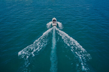 luxury motor boat. Aerial view on the sea and boat. Beautiful natural seascape at the summer time