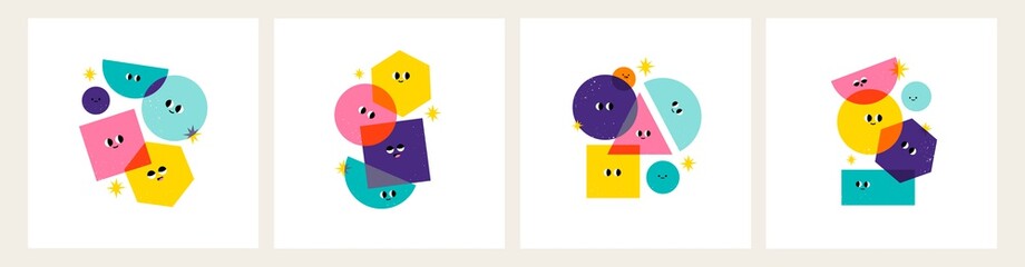 Wall Mural - various bright basic geometric figures with face emotions. different shapes. layered colors. hand dr