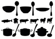 Soup set, which includes pots, ladles, spoons, plates, fish, beef, pork, lamb.