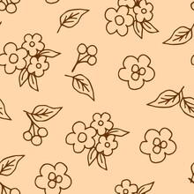 Simple Floral Vector Seamless Pattern In Rural Style. Brown Outline Of Small Flowers, Leaves, Berries On A Beige Background. For Fabric Prints, Textile Products, Home Decor, Bedding.