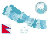 Fototapeta  - Nepal administrative blue-green map with country flag and location on a globe.