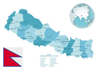  Nepal administrative blue-green map with country flag and location on a globe.