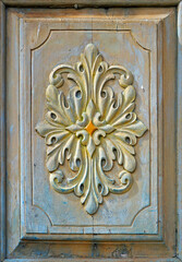 Church door ornament (detail) in historical city of Ouro Preto, Brazil