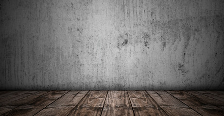 Wall Mural - concrete stone wall with wooden floor background, empty product display for presentation