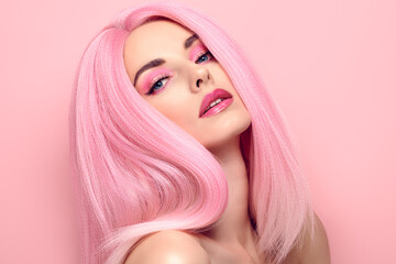 Beauty Fashion woman with Colorful Pink Dyed Hair. Girl with blue eyes, perfect Makeup and Hairstyle. Beautiful smiling model portrait, fashionable pink make up, hair. Skincare concept